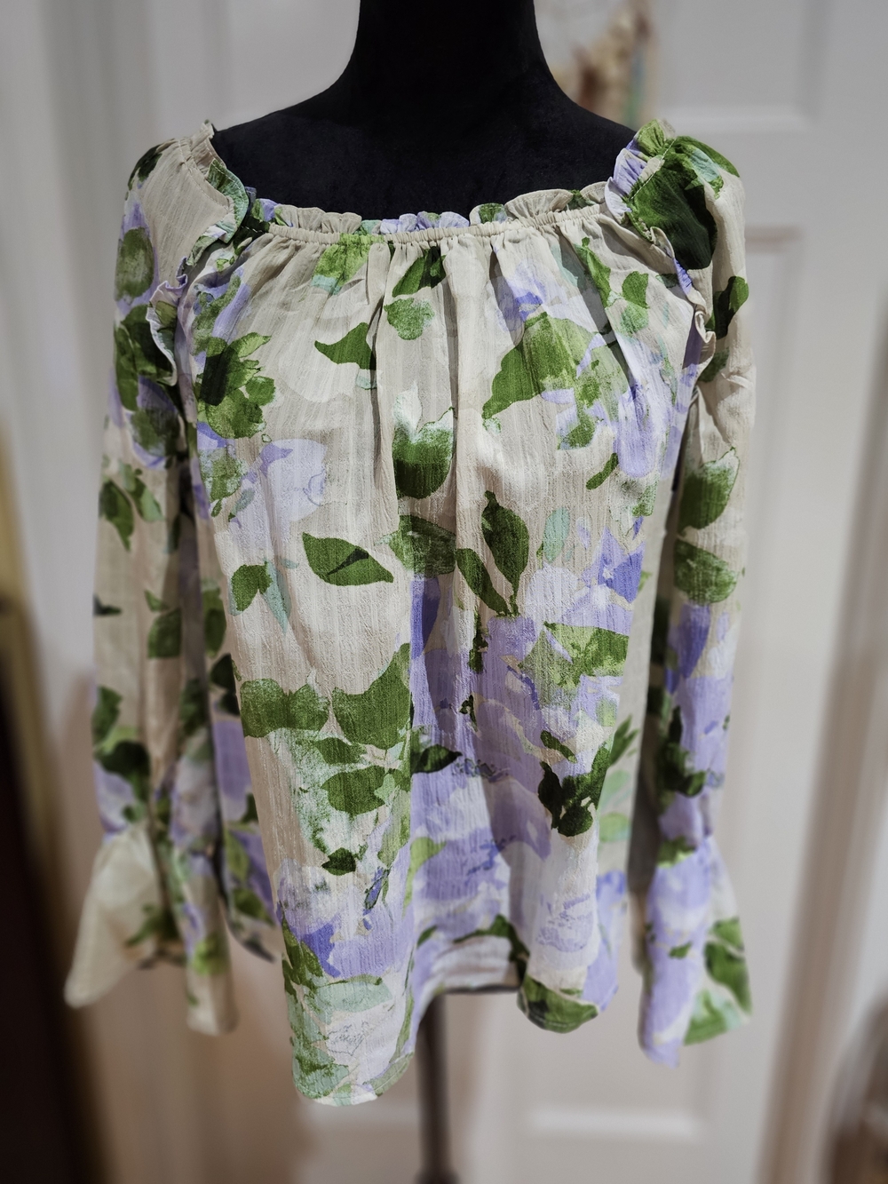 Melissa Paige Cream Floral Off-Shoulder Blouse with Green & Lavender Print